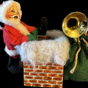 Annalee Christmas Felt Doll Santa In Chimney With Sack and Horn